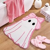 Dunzy Pink Ghost Rugs Bow Halloween Bathroom Decor 26 x 32 Inch | Pink Bow Ghost, Bathroom Rug, Non-slip Washable, Ultra Soft, Absorbent, Front Door Mat Carpet