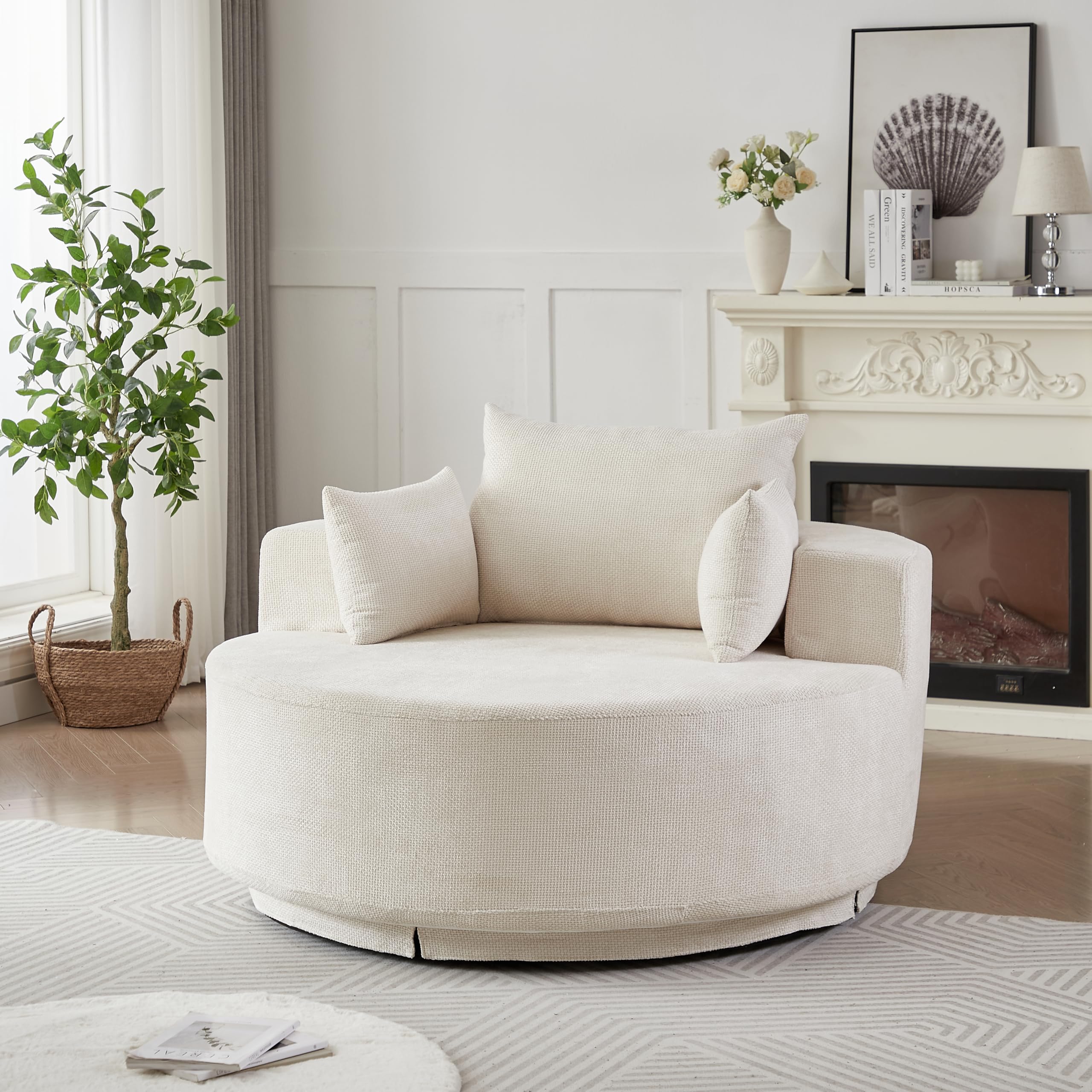 View 1 of ****PARTIAL SET, BOX 2/2 ONLY**** KEIKI 55" Oversized Swivel Accent Chair, Large Barrel Chairs Upholstered Round Swivel Chair, Chenille Single Sofa Armchair, Sleeper Chair for Living Room, Lounge, Beige
