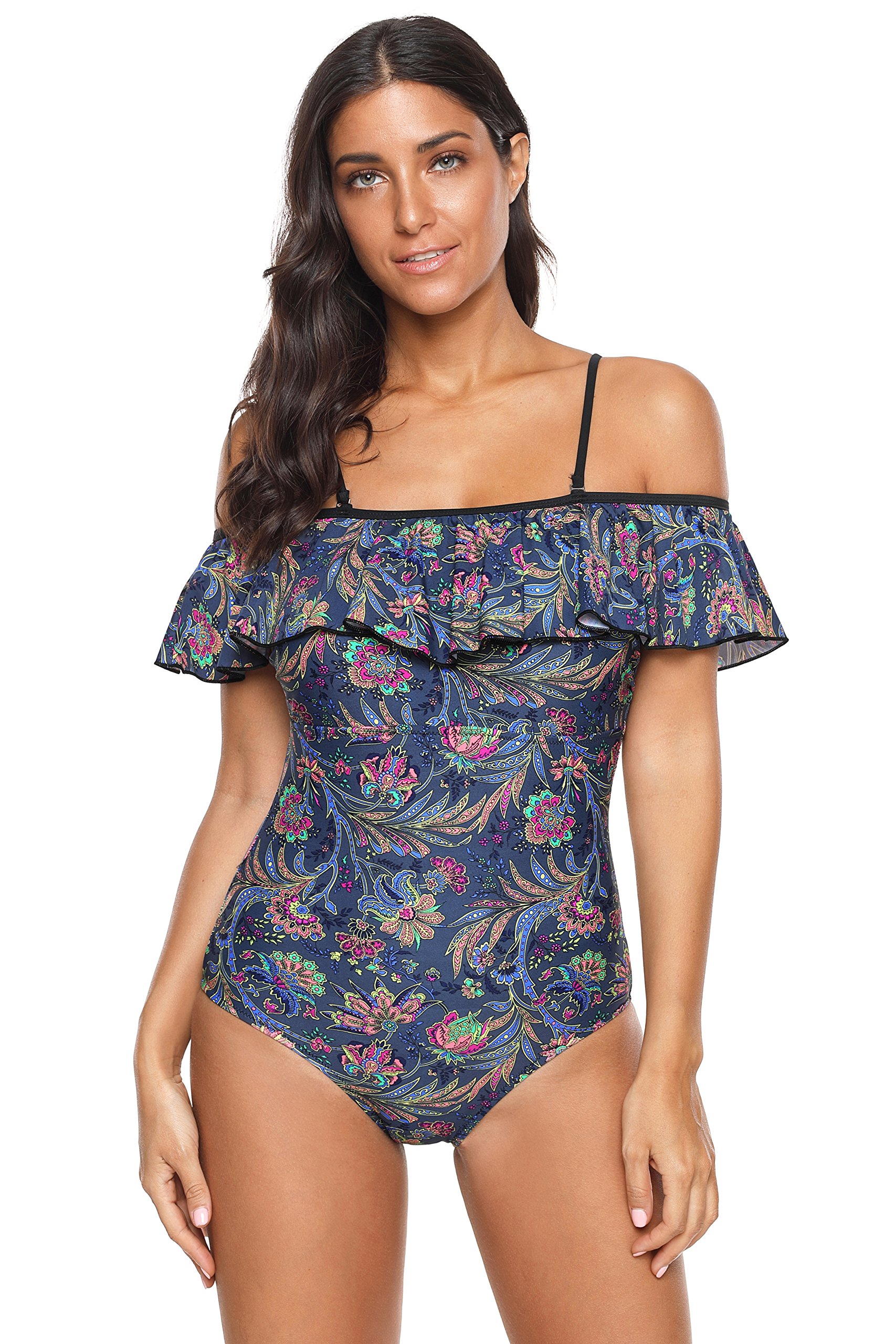 Women 1 Piece Vintage Floral Printed Off Shoulder Flounce Ruffled Padded Chic and Sexy Bathing Suits (Small)