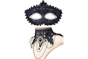 Black Venetian Mask Masquerade Mask with Elegant Vintage Princess Lace Gothic Necklace Pack of 2