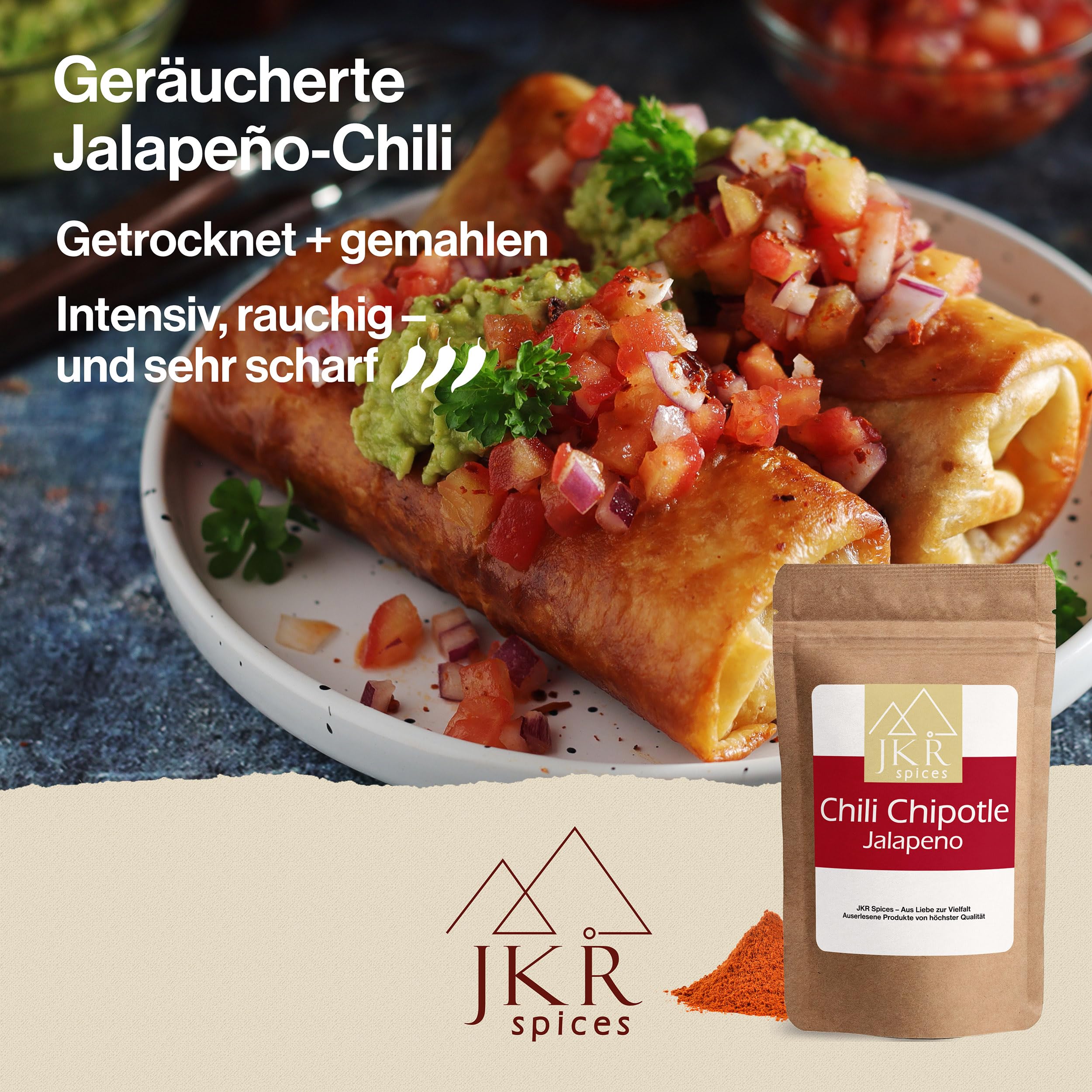 JKR Spices® 250g Chili Chipotle Jalapeno gemahlen | Chilli Pulver geräuchert | Chipotle Chili | Sehr scharfe Chipotle Chilli im wiederverschließbaren Doypack 2