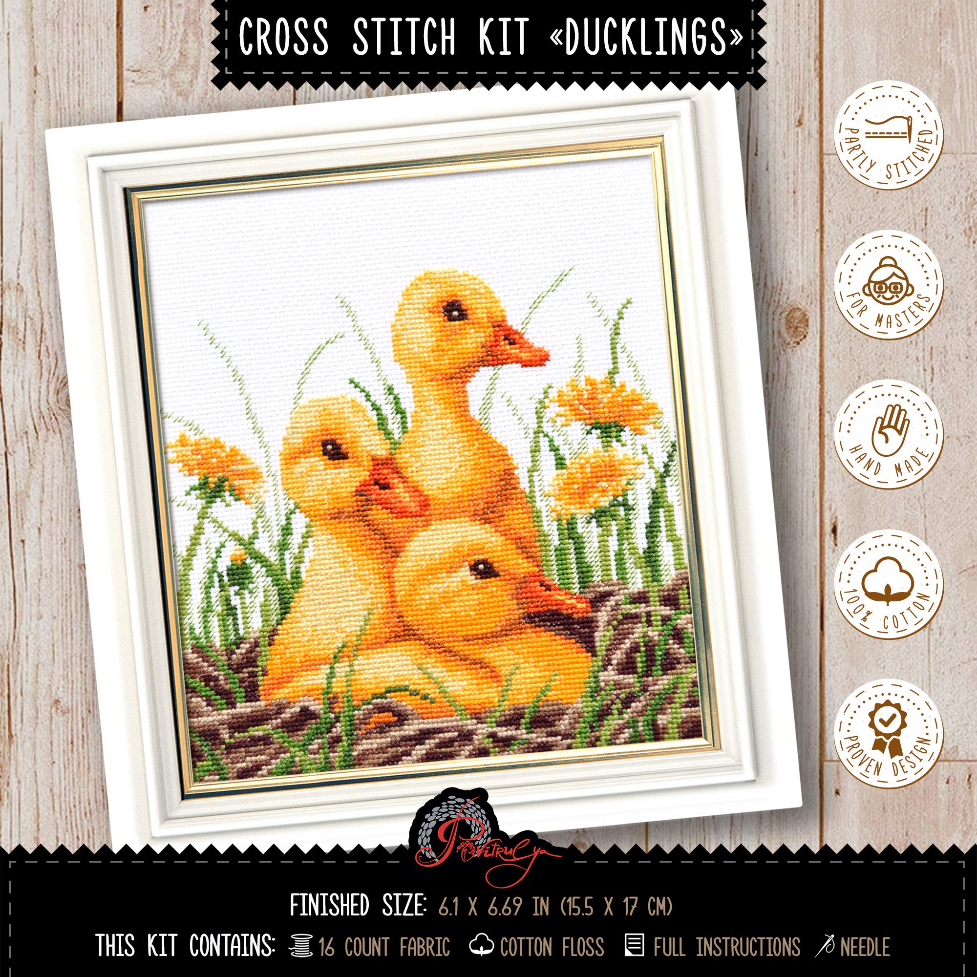 Povitrulya Cross Stitch Kit 'Ducklings' Animal Embroidery Set - Yellow Ducks Counted Pattern Included