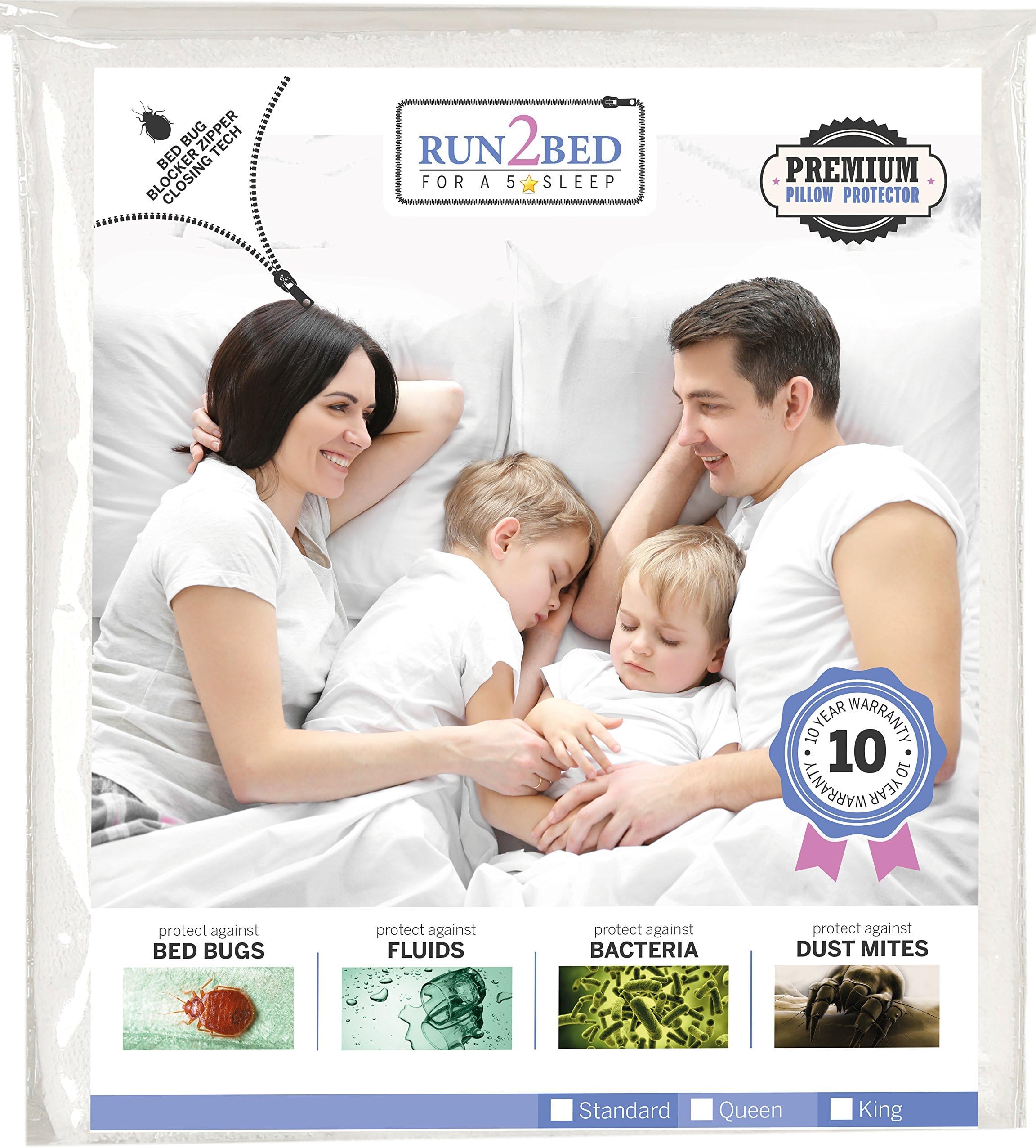 RUN2BED Luxury Turkish Cotton Bed Pillow Protector 100% Waterproof Hypoallergenic Bed Bug Dust Mite Proof Secured Zippered Terry Cover Encasement