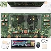 Cute Rainy Night Desk Mat Green Plants Desk Pad, Anime Black Cat Kawaii Large Gaming Mouse Pad, Moonlight Fireflies Deskmat Aesthetic Mousepad XXL, Laptop Keyboard Pad for Women Desk 31.5"x15.75"
