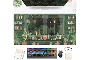 DSKGSJH Cute Rainy Night Desk Mat Green Plants Desk Pad, Anime Black Cat Kawaii Large Gaming Mouse Pad, Moonlight Fireflies Deskmat Aesthetic Mousepad XXL, Laptop Keyboard Pad for Women Desk 31.5"x15.75"
