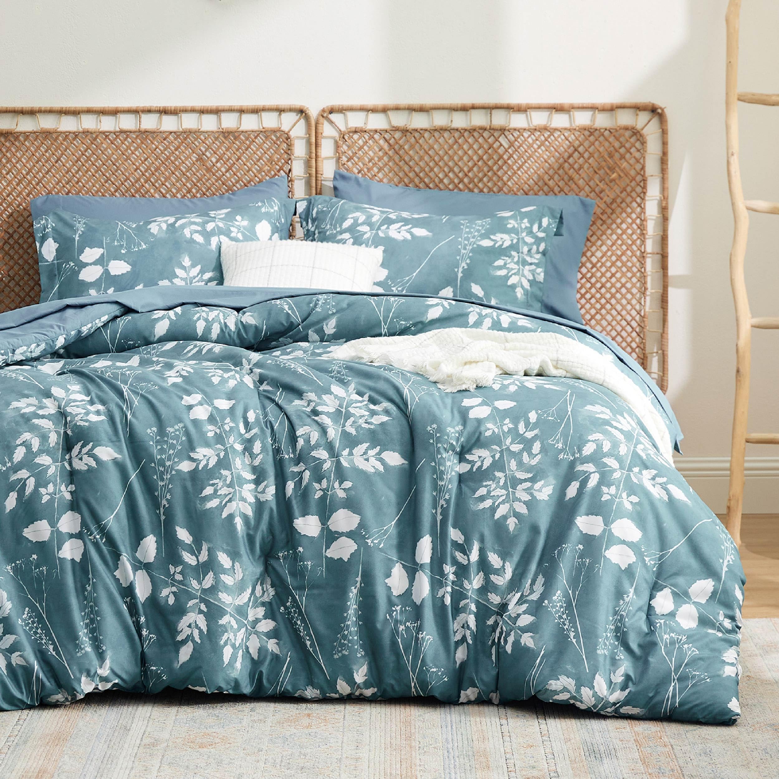 Photo 1 of Bedsure Queen Comforter Set - 7 Pieces Floral Mineral Blue Soft Bedding Sets, Queen Bed in a Bag with Botanical Flowers Comforter, Sheets, Pillowcases & Shams