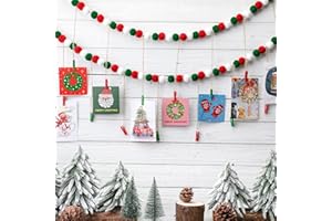 Amyhill 2 Pcs Christmas Hanging Photo Display with Clips 9.8 ft Pom Pom Garland Christmas Holiday Card Picture Frame 4 Feet DIY Green Red Photo Holders for Xmas Holiday Country Decor