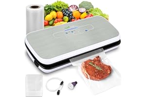 NutriChef Food Vacuum Sealer Machine - Automatic Air Sealing System for Dry & Moist Foods, LED Touch Controls, Includes Vacuum Bags, Hose & Wine Stopper, High Suction Power, 14"x6"x3", Silver