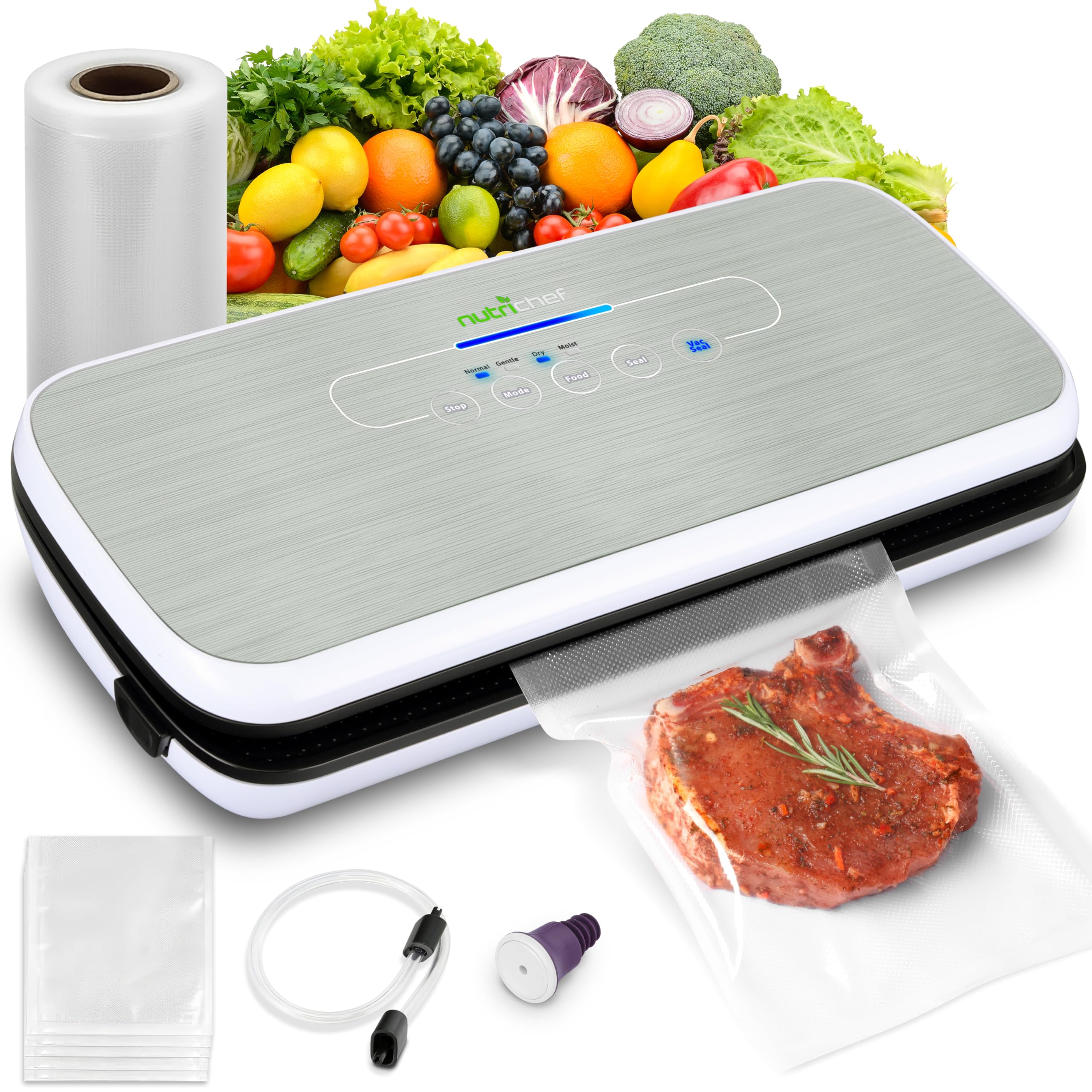 Photo 1 of **NO BOX**NutriChef Food Vacuum Sealer Machine - Automatic Air Sealing System for Dry & Moist Foods, LED Touch Controls, Includes Vacuum Bags, Hose & Wine Stopper, High Suction Power, 14"x6"x3", Silver