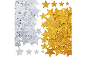 Isslly 100PCS Glitter Foam Star Stickers, Gold Silver Star Glitter Foam Stickers, 4 Sizes Self Adhesive Christmas Foam Stars, Decals Decorations Supplies for Parties, Halloween, DIY Crafts