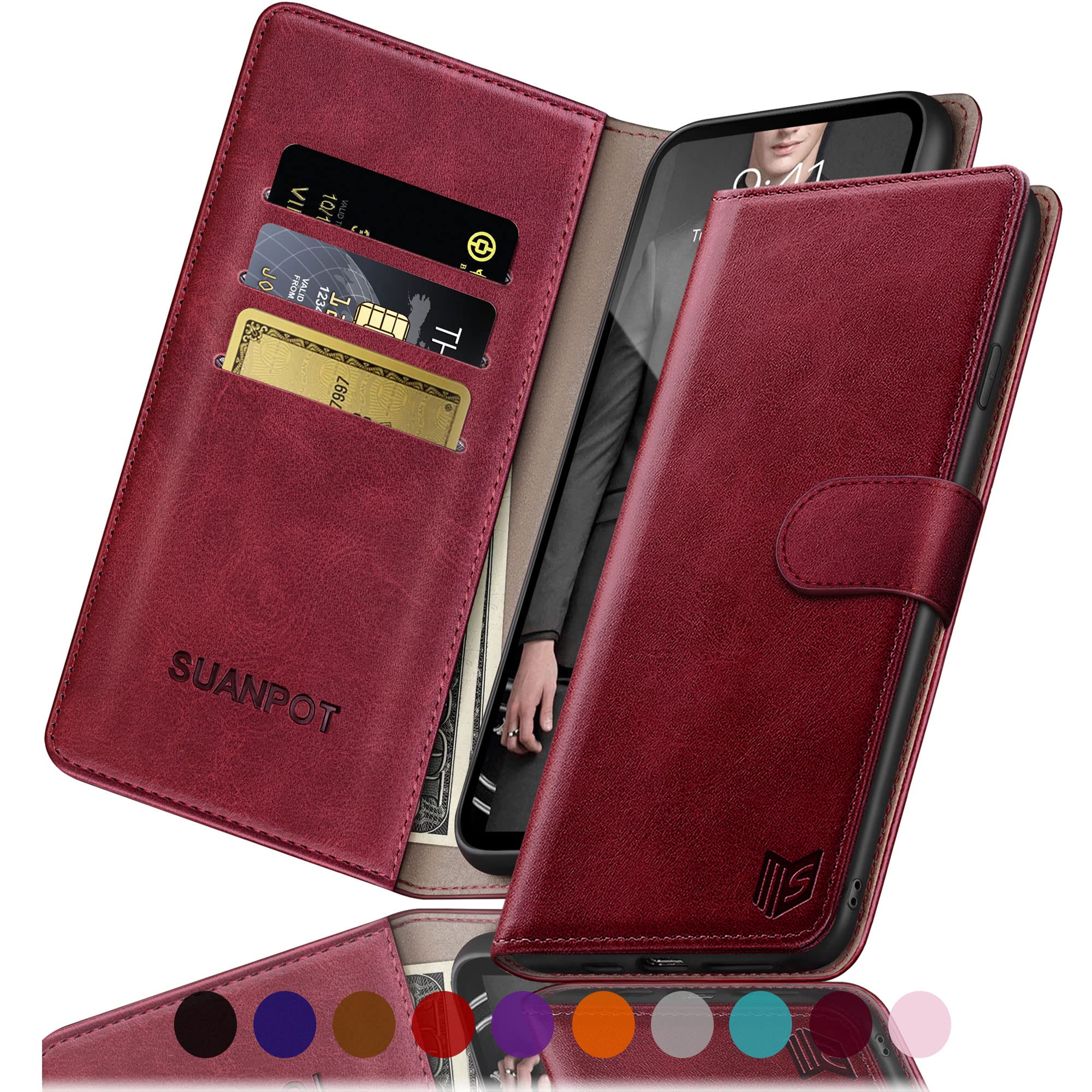 SUANPOT for iPhone 13 5G 6.1 inch case with [Credit Card Holder][RFID Blocking],PU Leather Flip Book Protective Cover Women Men for Apple 13 Phone case Red