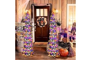 ALBELT Timer - 2PK 5 FT Pop up Halloween Pumpkin Trees with 80 Orange and PurpleLED Lights, Collapsible Small Tinsel Artificial Pencil Black Trees for Home Porch Horror Party Indoor Decor