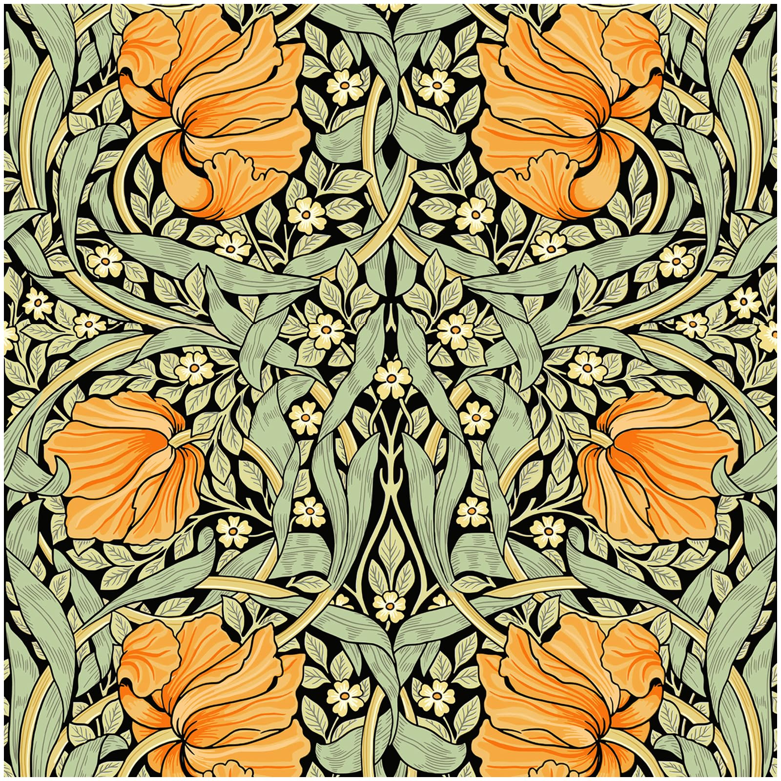 Photo 1 of HAOKHOME Vintage Floral Wallpaper Peel and Stick Botanical Green/Yellow/Black Wall Murals Home Kitchen Bedroom Decor by William Morris 17.3in x 9.8ft