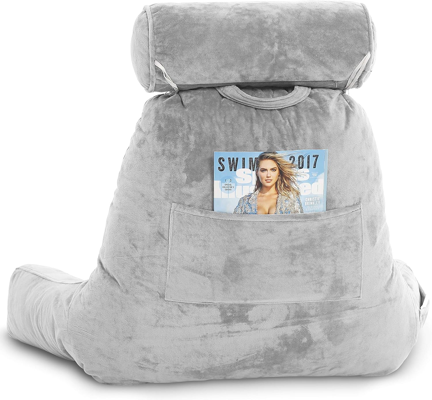 Husband Pillow - Light Grey, Big Backrest Reading Bed Rest Pillow with Arms, Plush Memory Foam Fill, Remove Neck Roll Off Bungee, Change Covers, Zipper On Shell of Bed Chair for Adjustable Loft: Home & Kitchen