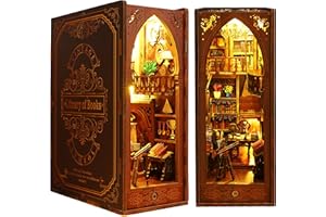 ISSEVE DIY Book Nook Kit, 3D Wooden Puzzle DIY Miniature House Kit for Book Nook Shelf Insert Decoration, Magic Book House Stand Bookshelf Dollhouse for Adults with Sensor Light (Library of Books)
