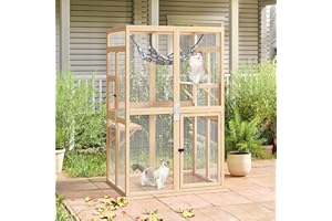 COZIWOW Upgraded Outdoor Cat Catio with Window Access & Jumping Platforms, Weatherproof Wooden Cat Enclosure for Patio/Garden/Backyard (Wood, 2 Platforms + Hammock, Supports 44lbs)