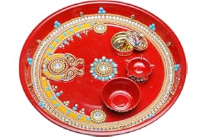 Aditri Creation Pooja Thali Plate Platter Engagement Plate Decorative Stainless Steel Puja Thali with Essential Pooja Articles for Indian Traditional Festival (Size-10)(Red)