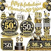 201Pcs 50th Birthday Decorations Men Tableware Set Serves 25 Guests, 50th Birthday Decorations for Men Include Candle, Banner, Plates and Tablecloths, for Gold 50th Birthday Party
