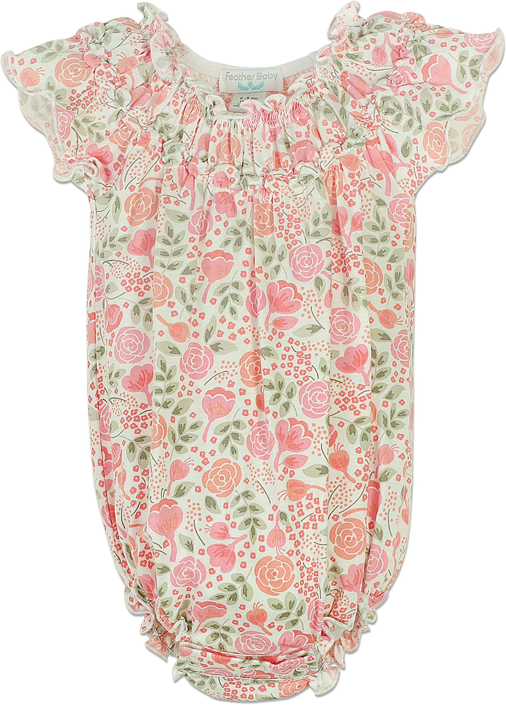 Feather Baby Baby Bubble Romper for Girls | Ethically Produced Peruvian Pima Cotton Baby & Toddler One-Piece | Soft & Hypoallergenic Kids Playwear | Ruched Design with Angel Sleeves