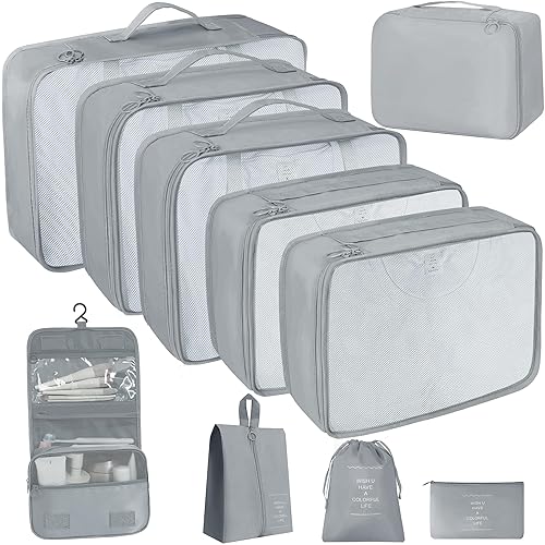 10 Pcs Set Packing Cubes For Travel Expandable Packing Organizers Luggage Organizers Bags Essentials Packing Cubes For Suitcases Travel Accessories((GREY)