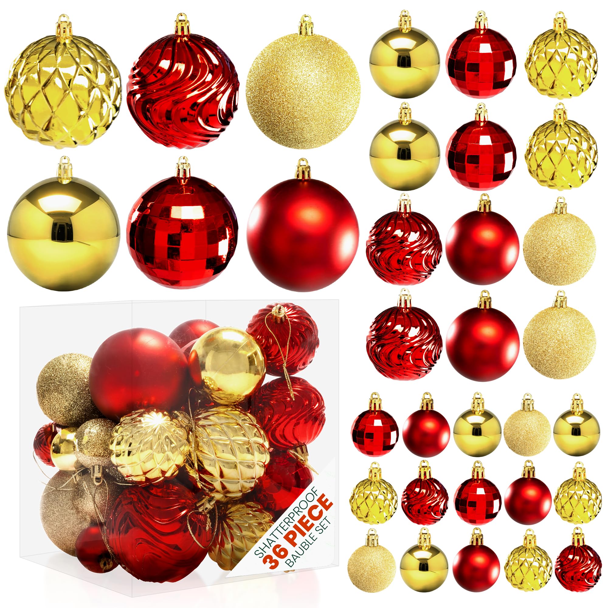 Pelle & Sol 36-Piece Christmas Decorations Bauble Set - Shatterproof Christmas Tree Decorations - Glitter, Disco Ball, Swirl Designs - Christmas Baubles in Assorted Sizes - Red, Gold