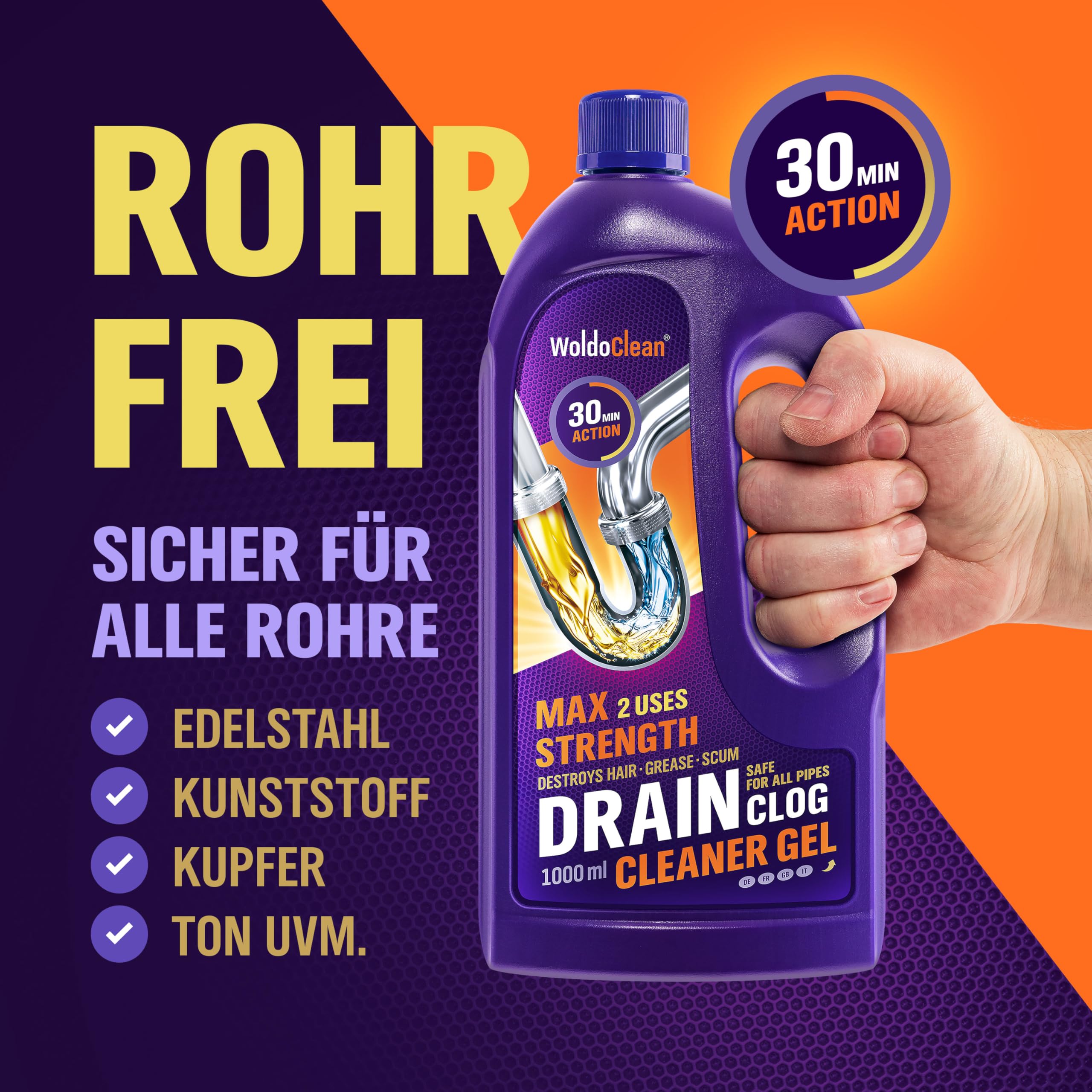 WoldoClean Rohrreiniger & Abflussreiniger Gel 1000ml extrem stark 7