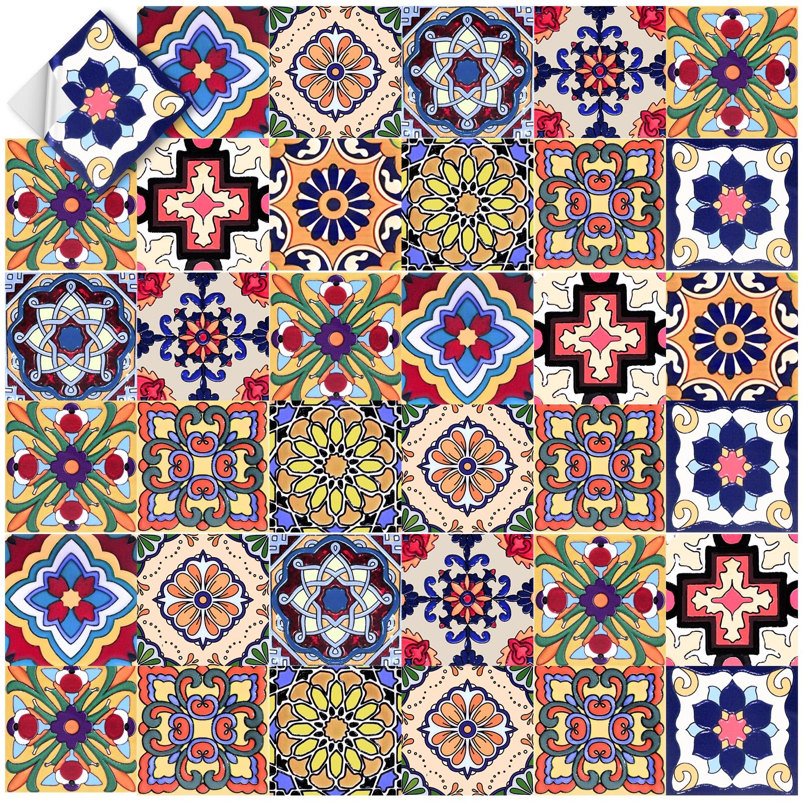 Photo 1 of Honoson 60 Pack Colorful Talavera Tile 4x4 Inch Handpainted 10 Designs Peel and Stick Wall Tile Decor Bathroom Kitchen Wall Sticker Waterproof PVC Decoration Stickers - 2D Retro Sticker (Vivid)