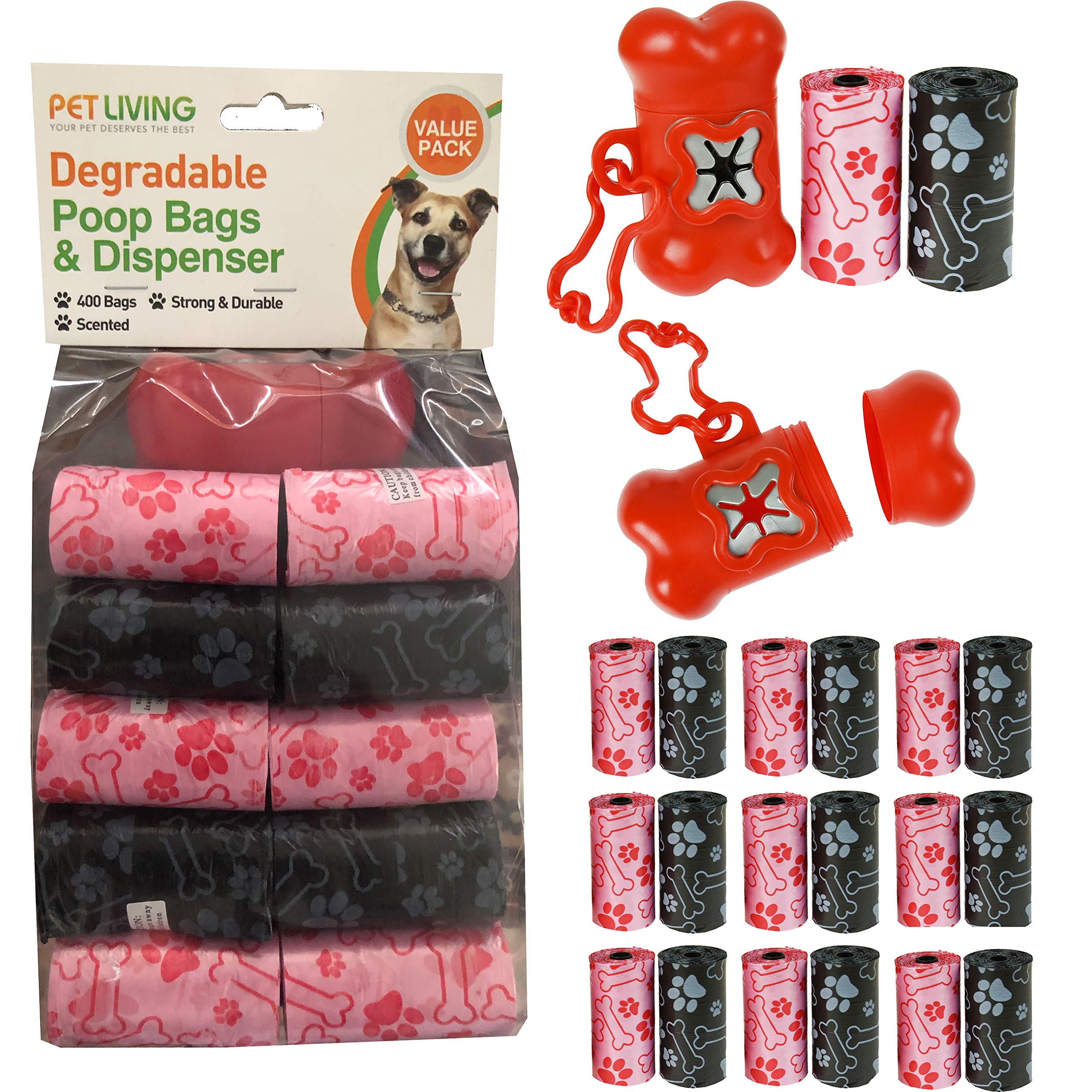 DOGGY WASTE REFILL DEGRADABLE BAGS POOP SCOOP REFILLABLE 400 BAGS 2 COLOURS POO BAGS FOR DOGS WITH DISPENSER VALUE PACK (Black & Pink)