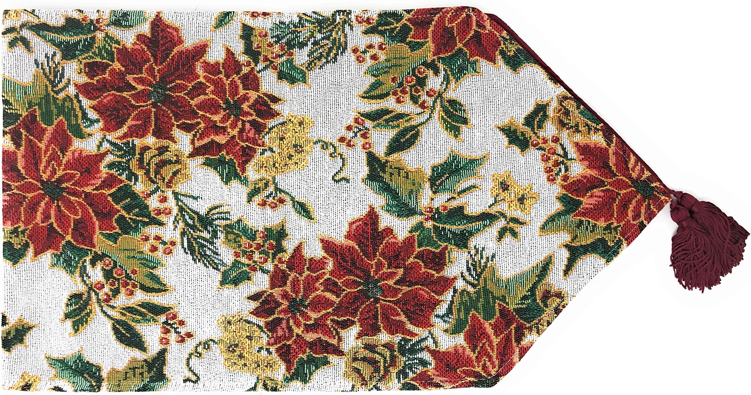 Tache Home Fashion 6250TR-13X67 Festive Floral Christmas Deck The Halls Poinsettia Tapestry Table Runner, 13 x 67, White Red