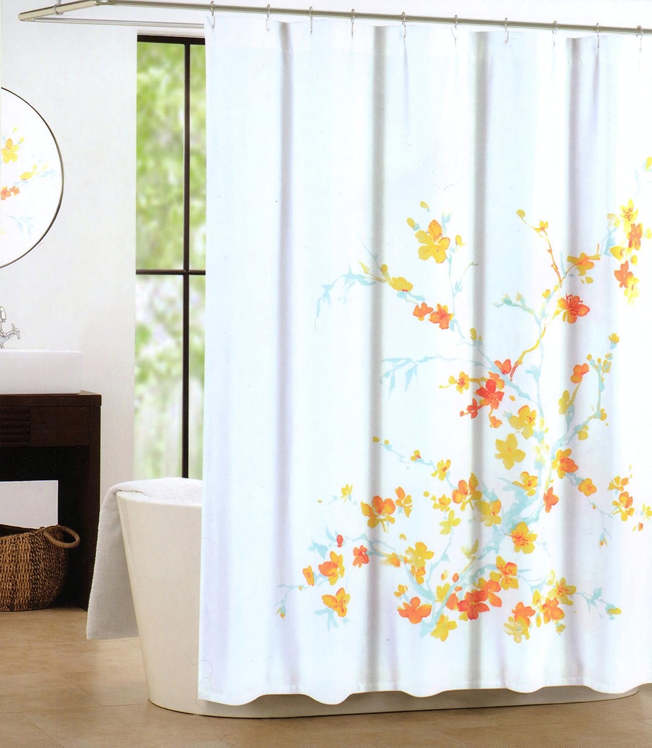 Tahari Luxury Cotton Blend Shower Curtain Printemps Orange Yellow Aqua Turquoise Floral Branches (Orange)