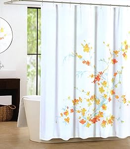 Tahari Luxury Cotton Blend Shower Curtain Printemps Orange Yellow Aqua Turquoise Floral Branches (Orange)