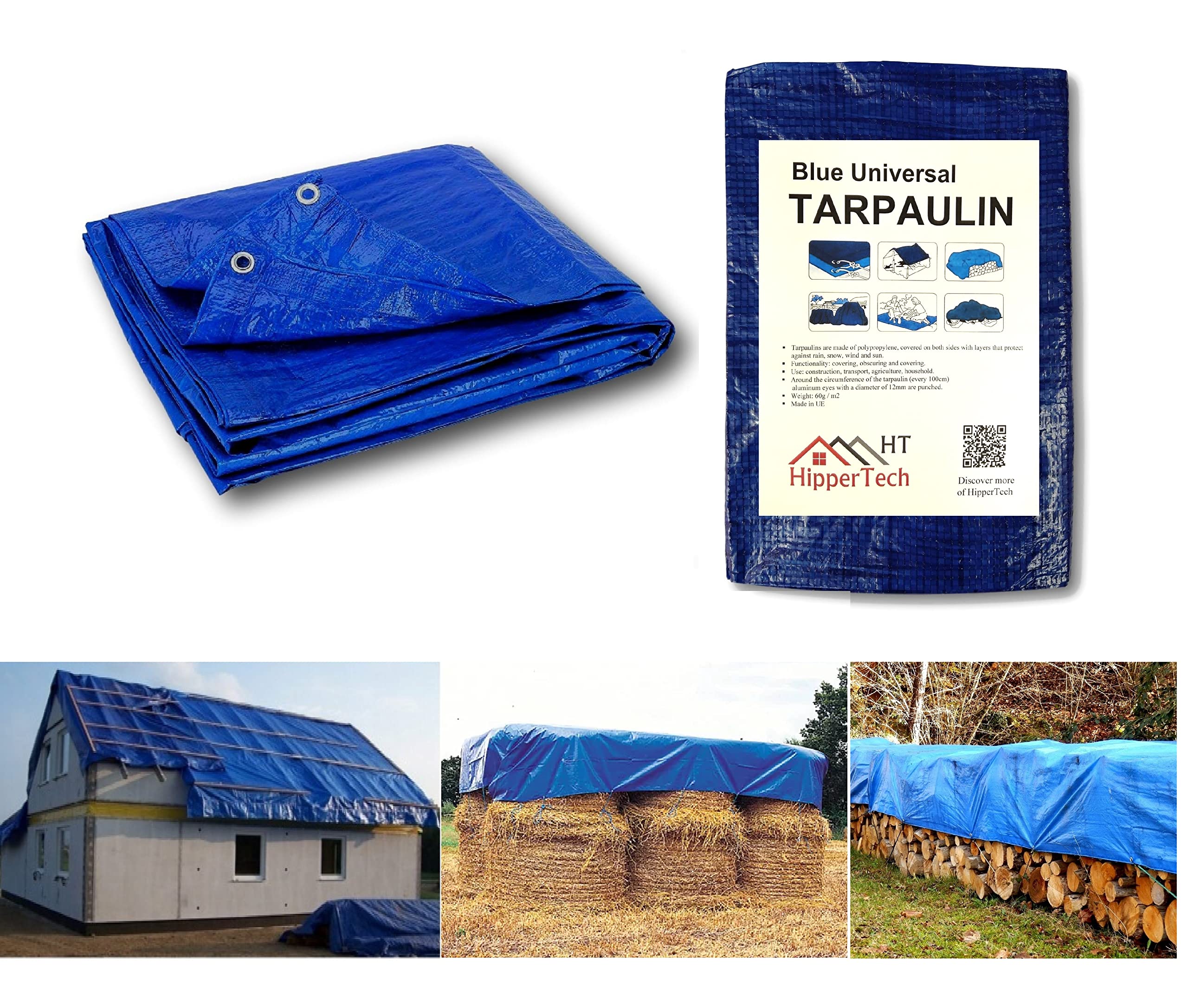 HipperTech® Blue Waterproof Tarpaulin - Tarp Sheet Cover - Woven Polyethylene & Laminated 5m x 6m = 30m² (16ft x 19.5ft = 312sq ft) - 60 GSM - Weight