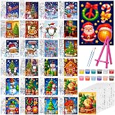 Blosssound 24 Sets Christmas Pre Drawn Canvas to Paint, 5 x 7'' | Pre Printed Painting Canvas for Adults Beginner, with Easel, Paint Pots and Brushes, Sip and Paint Party Bulk, Xmas Art DIY