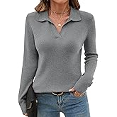 Romanstii Women's Knitted Collared Sweaters Long Sleeve V-Neck Polo Shirts Winter Pullover Tops