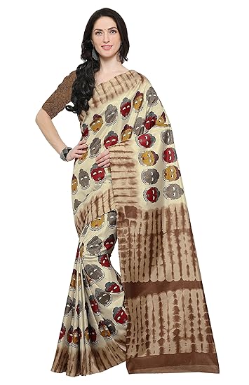 Beige Silk Kalamkari Printed Traditional Saree with Blouse Piece