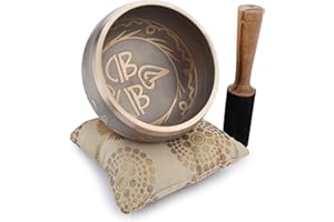 Ajuny Tibetan Singing Bowl Set - Handcrafted Meditation Brass Sound Bowl with Stick and Cushion for Yoga, Chakra Healing, Mindfulness and Stress Relief Spiritual Gifts - Beige