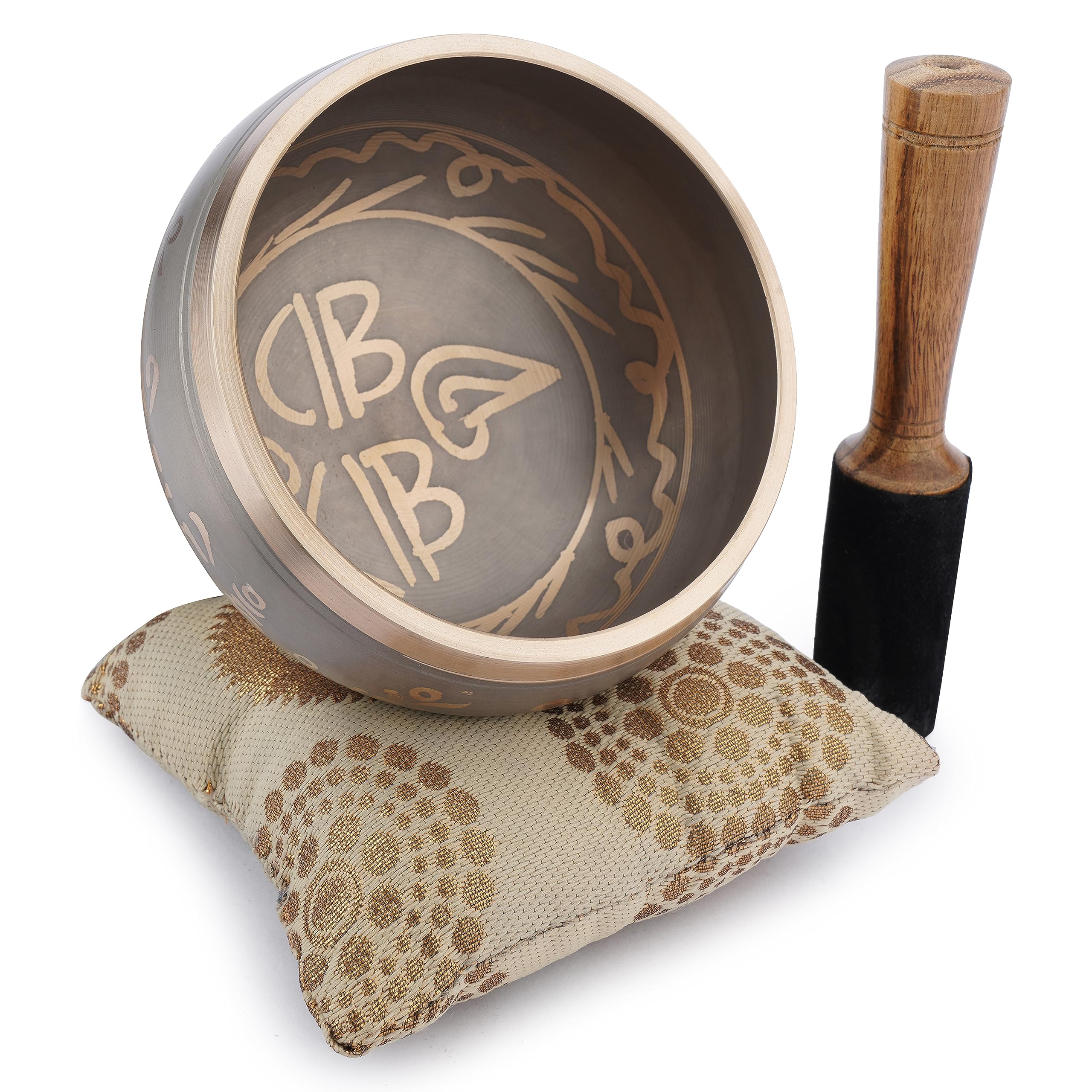 Ajuny Tibetan Singing Bowl Set Handmade Brass Sound Bowl with Mallet & Cushion Thangka Art Writing Design Meditation Yoga Mindfulness & Chakra Healing Therapy Stress Relief Gift (Beige, 4 In)