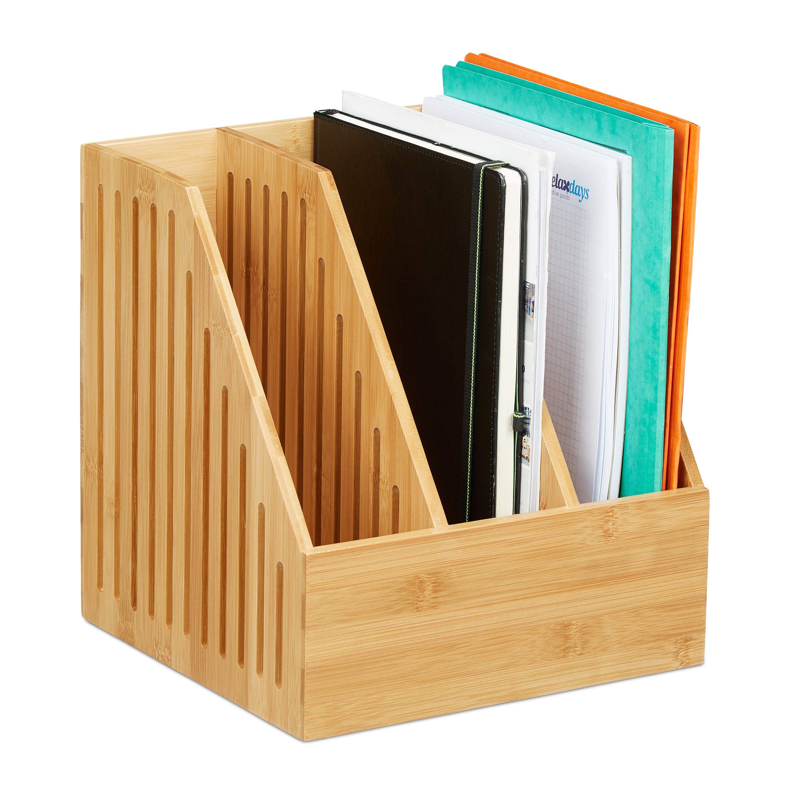 Relaxdays Bamboo Magazine File, 3 Compartments, A4 Document Storage, Office Desk Organiser, HxWxD: 30x28x26.5cm, Natural, 1 Item