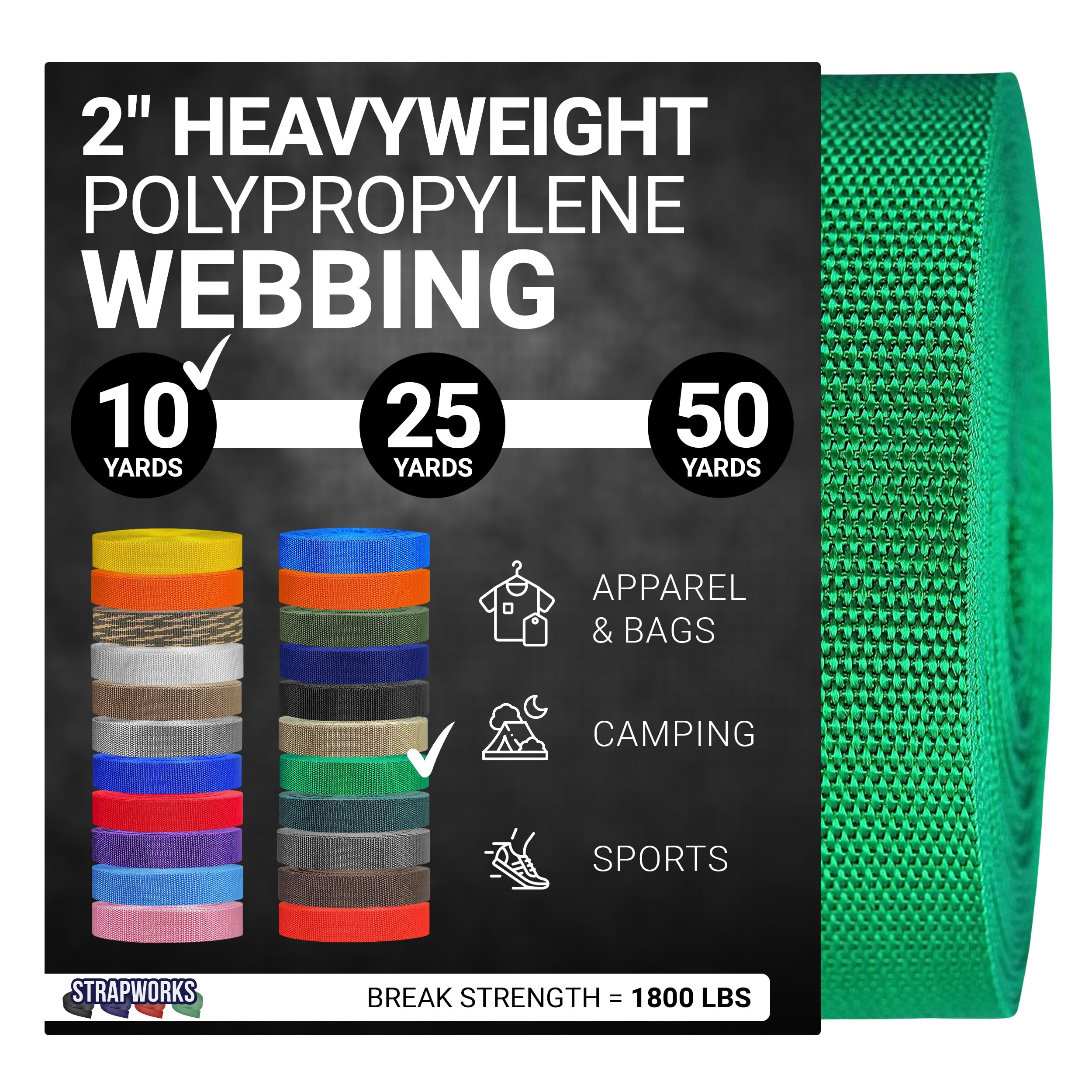 Strapworks Heavyweight Polypropylene Webbing - Heavy Duty Poly Strapping for Outdoor DIY Gear Repair, 2 Inch x 10 Yards - Kelly Green