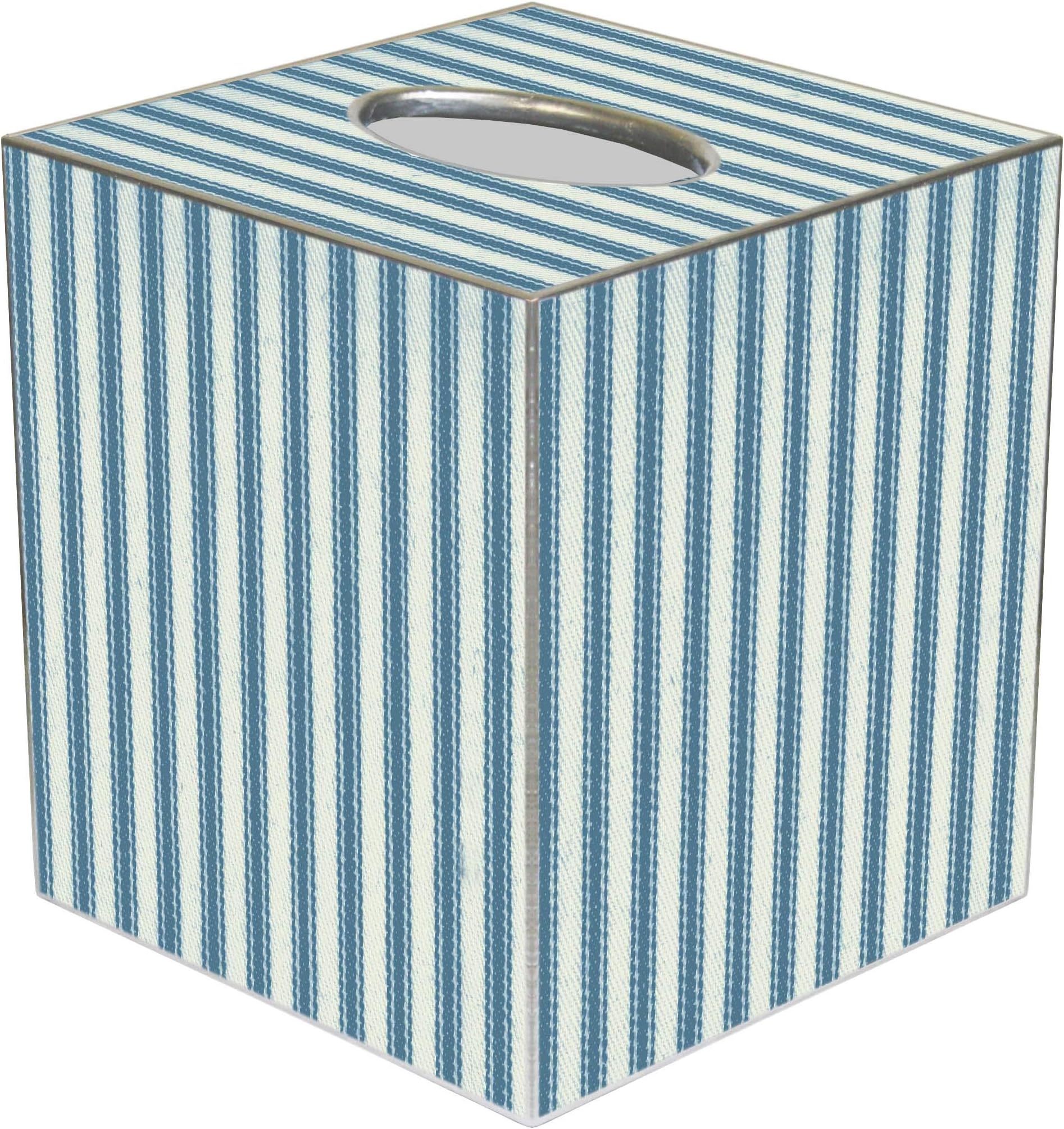 Tissue Box Cover Tissue Holder Square Cube Farmhouse Bathroom Decor Rustic Bathroom Decor Beach Decor Blue Ticking Stripe 5" x 5" Fits Most - Made in USA of Papier Mache