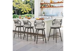 Cozyman Outdoor Bar Stools Set of 4, 360° Swivel Aluminum Rattan Barstools, Olefin Rope Counter Height Bar Stools with Curved Backrest, Boho Barstool with Circular Cushion for Patio, Kitchen, Grey