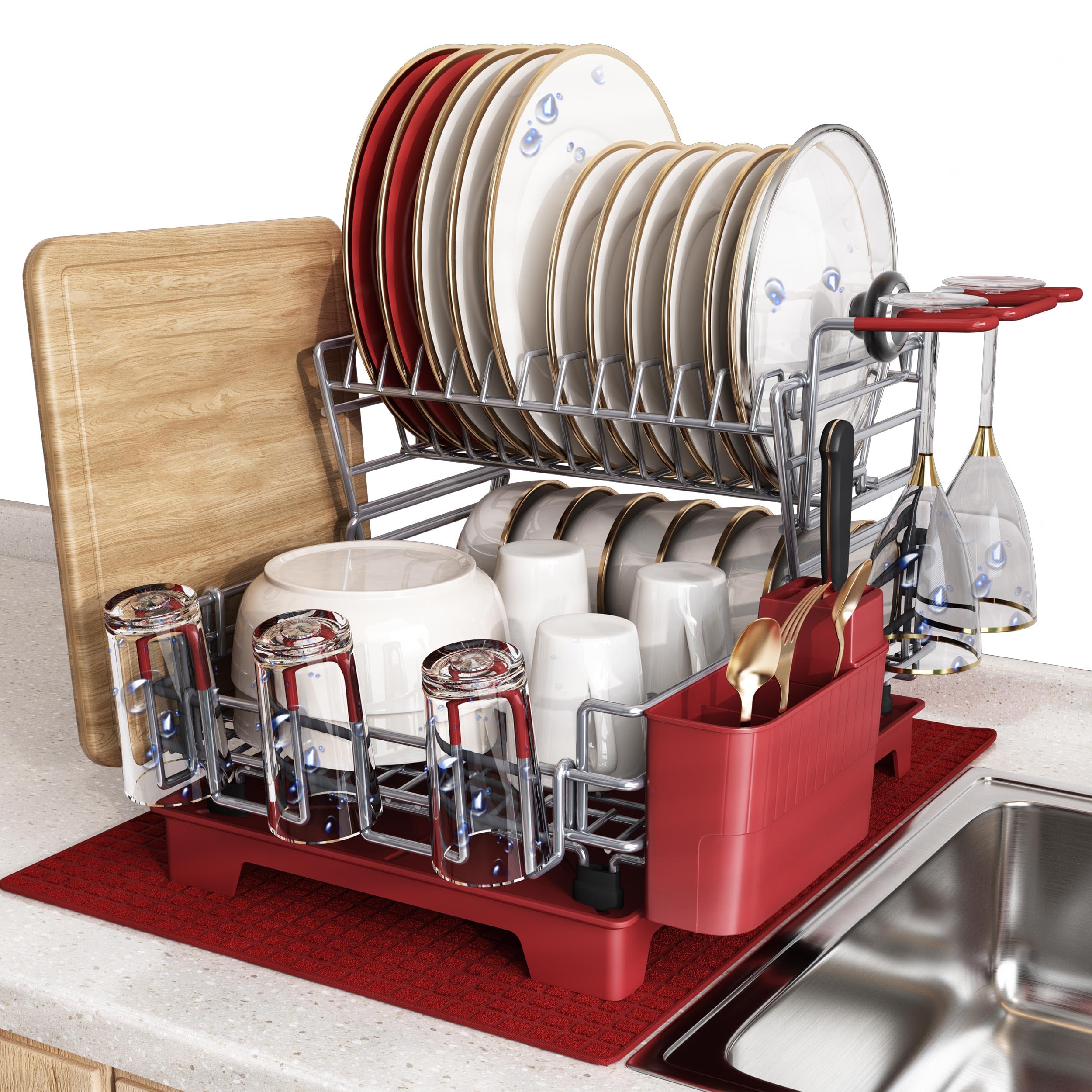 Photo 1 of BOOSINY 2 Tier Red Large Stainless Steel Dish Drainers Drying Rack for Kitchen Counter with Drainboard, Rust Proof Metal, Space Saving, Modern Aesthetic, Compact Plates Strainers with Extra Mat