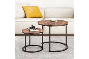 HOMERECOMMEND Round Nesting Coffee Table Modern Nesting Side Set of 2 End Table, for Living Room,Round Wooden Accent Coffee Table with Solid Powder-Coated Metal Frame A Black/Brown