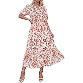 Okiwam Summer Dresses for Women 2026 Casual V Neck Short Sleeve Boho Floral Midi Dress Button Down Beach Vacation Sundress