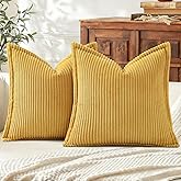 Mecatny Corduroy Throw Pillow Covers 18x18 Set of 2, Neutral Decorative Soft Boho Couch Pillow Covers with Broadside for Sofa Living Room, Mustard Yellow