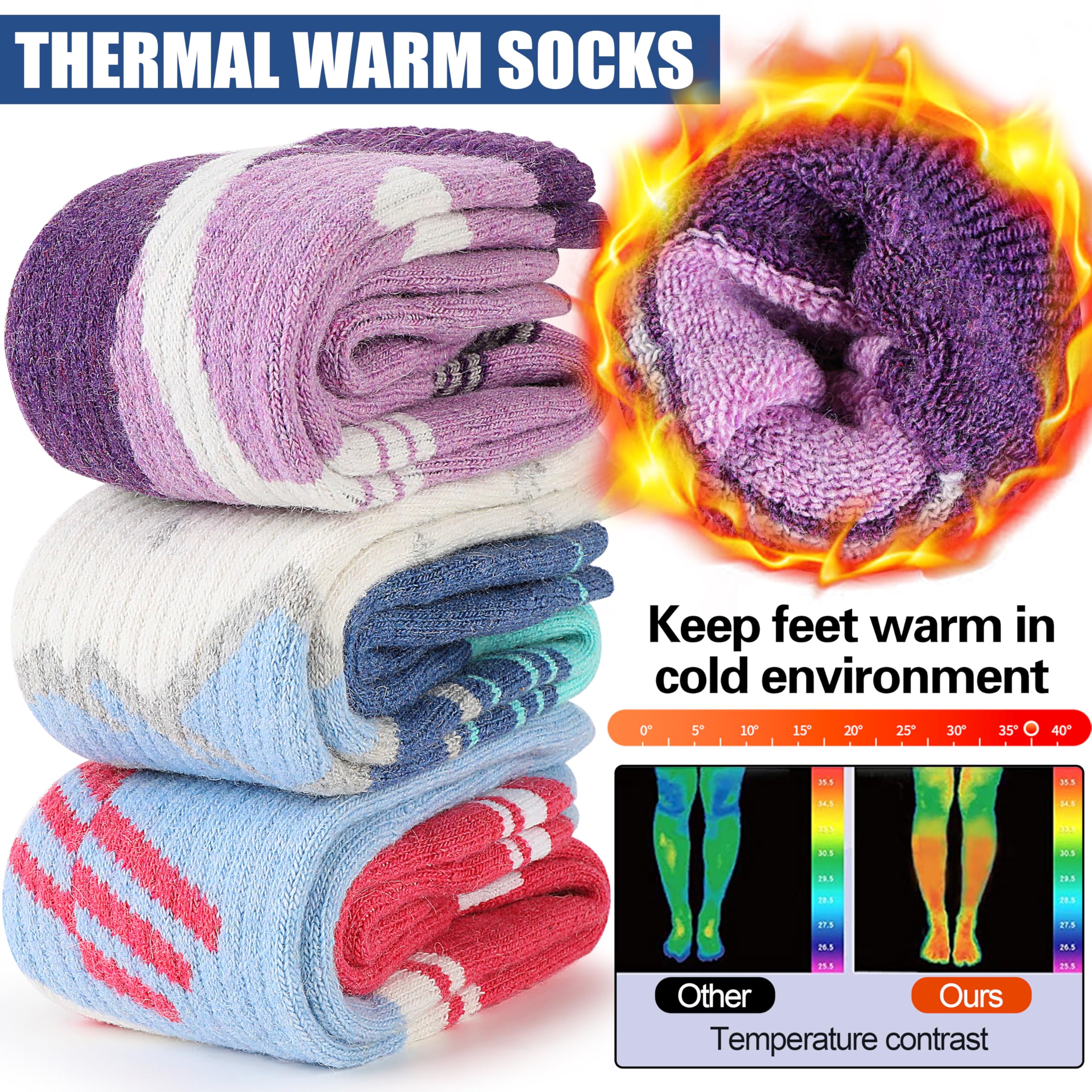 3 Pairs Merino Wool Ski Socks Thermal Warm Winter Thick Knee High Snowboarding Skiing Socks for Women Men