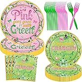 96Pcs Wicked Party Supplies Pink & Green Birthday Party Decorations, Magic Castle Witch & Princess Party Tableware Set Plates and Napkins, Forks for Girls Childen 24 Guests