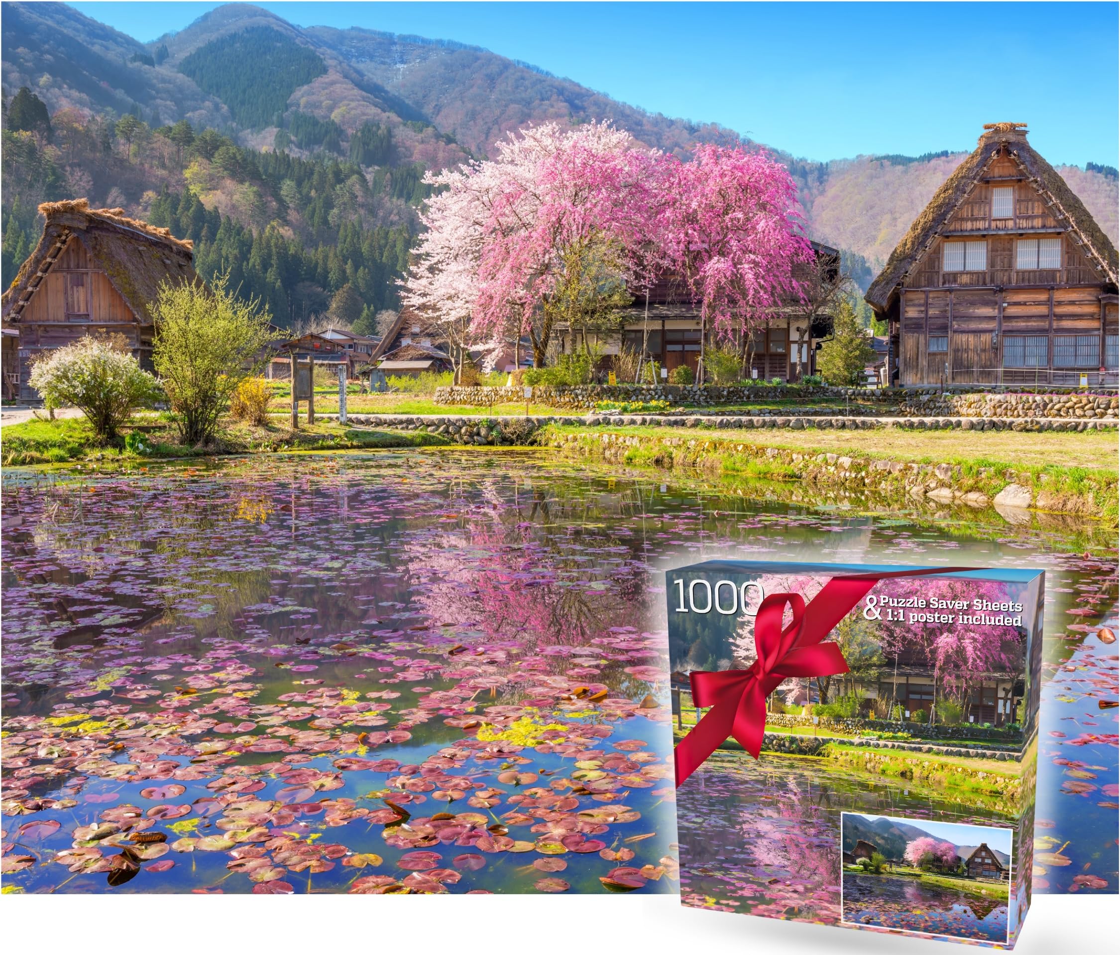 1000 Piece Puzzle for Adults – Scenic Village with Cherry Trees in Bloom, Gift-Ready Box, Letters on Back, 8 Jigsaw Puzzle Saver Sheets & Full-Size Poster by GERJATO – Ideal Gift for Loved Ones