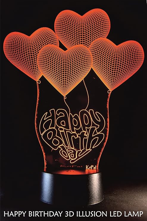 KriPal Plastic Happy Birthday 4 Hearts 7 Colour Changing 3D Optical Illusion LED Lamp (Multicolour)