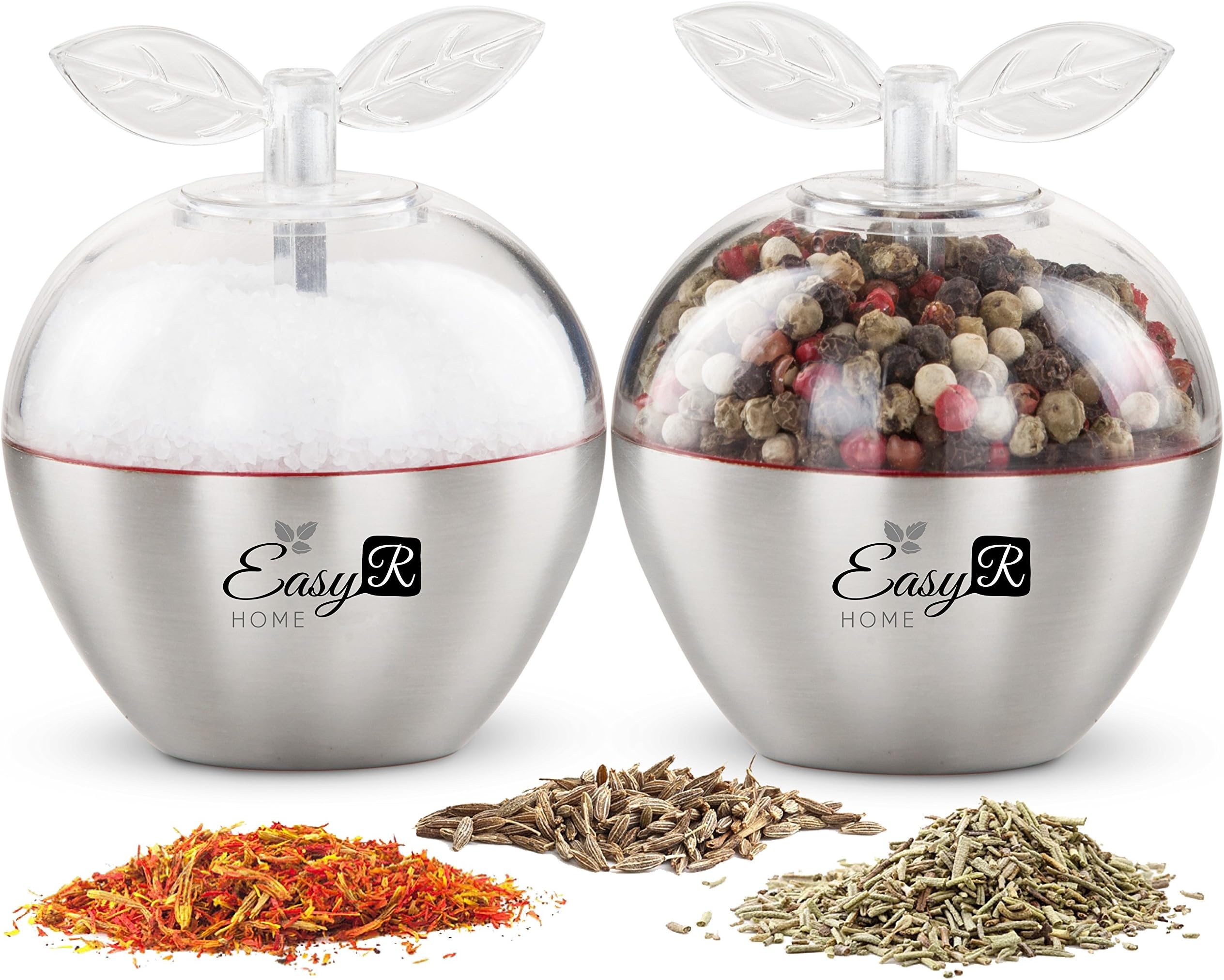 Unique Set of 2 Whimsical Apple-Shaped Salt and Pepper Grinders, Premium Stainless-Steel Dry Spice Mill with Adjustable Ceramic Crank, Refillable Small Dual Shakers Plus FREE eBook by EasyR Home